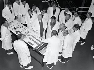 Nikita S. Khrushchev, physicist Igor V. Kurchatov (in the middle, with beard) and Nikolai A. Bulganin on 26 April 1956 in Harwell, the Holy of Holies of Britain's nuclear research. It was the improbable beginning to what was to become a "world fusion community." 